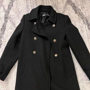 ZARA DOUBLE BREASTED WOOL BLEND COAT BLACK